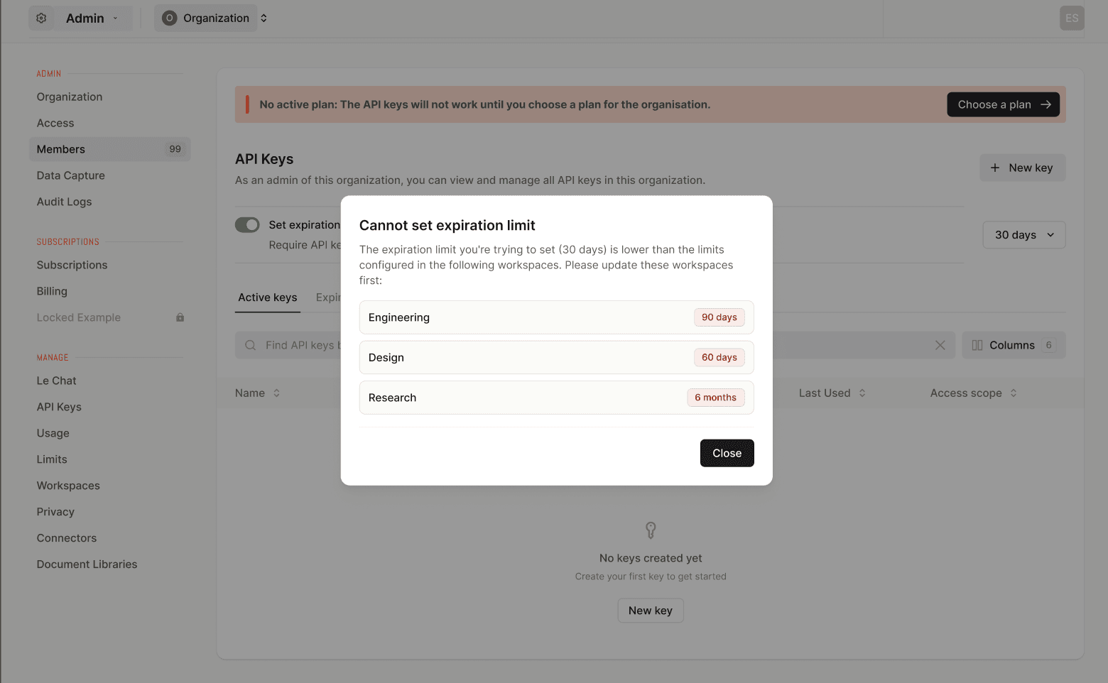API key expiration policy settings in the Admin Panel