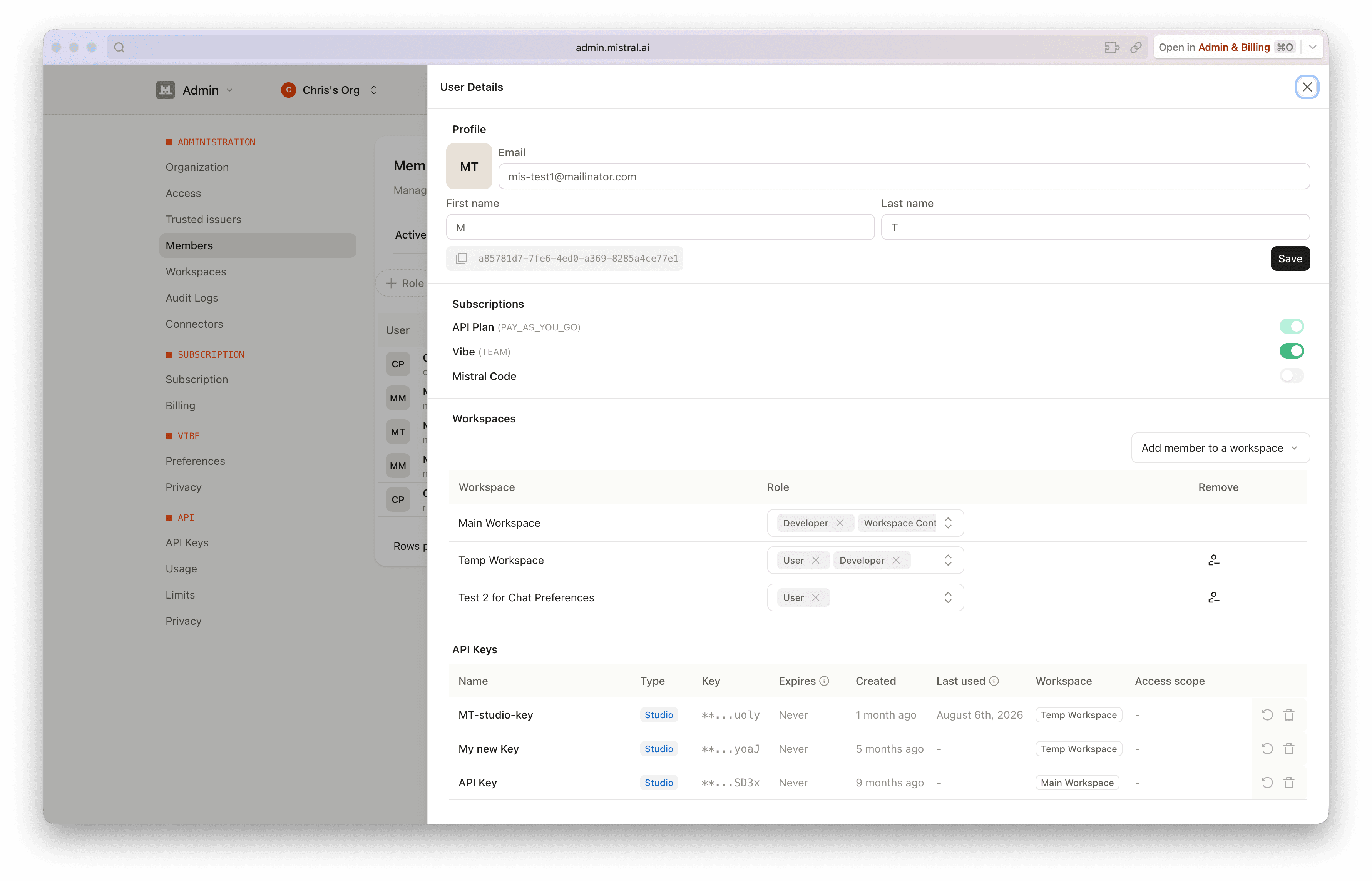 Admin panel user and permissions management interface showing the list of organization members, their roles, and workspace assignments
