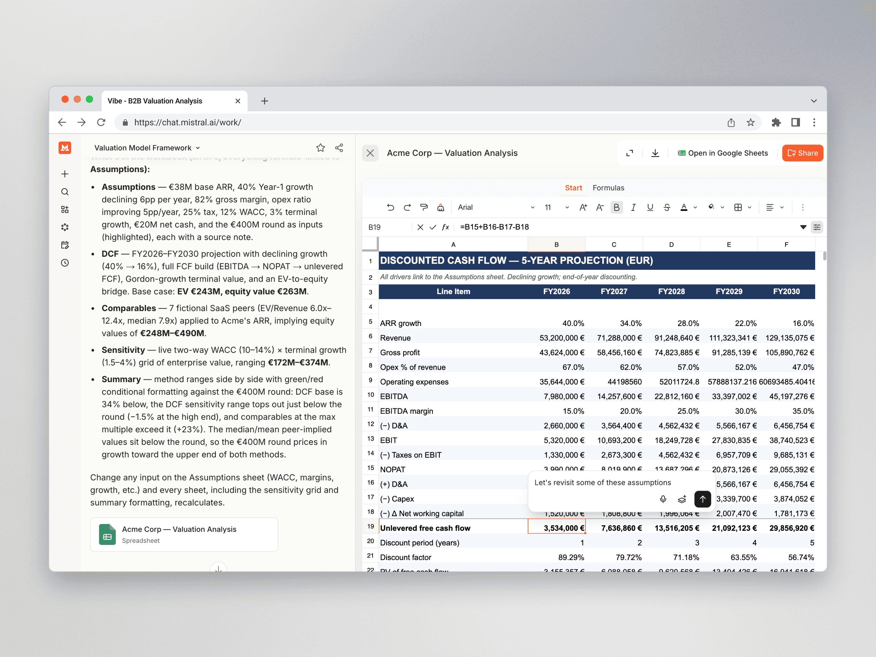 Spreadsheet in the Vibe Work Canvas
