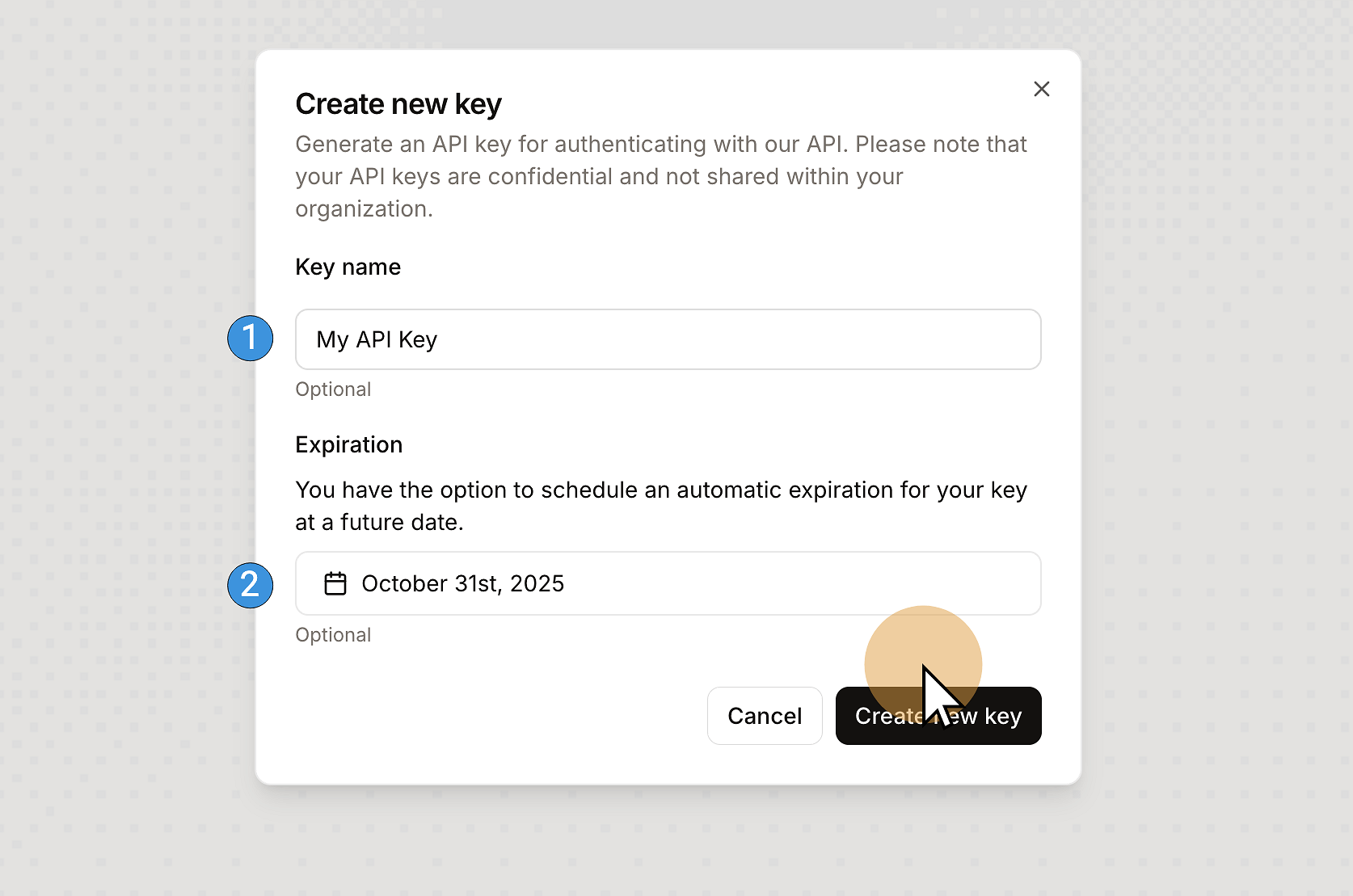 Configure the API key with optional name and expiration date