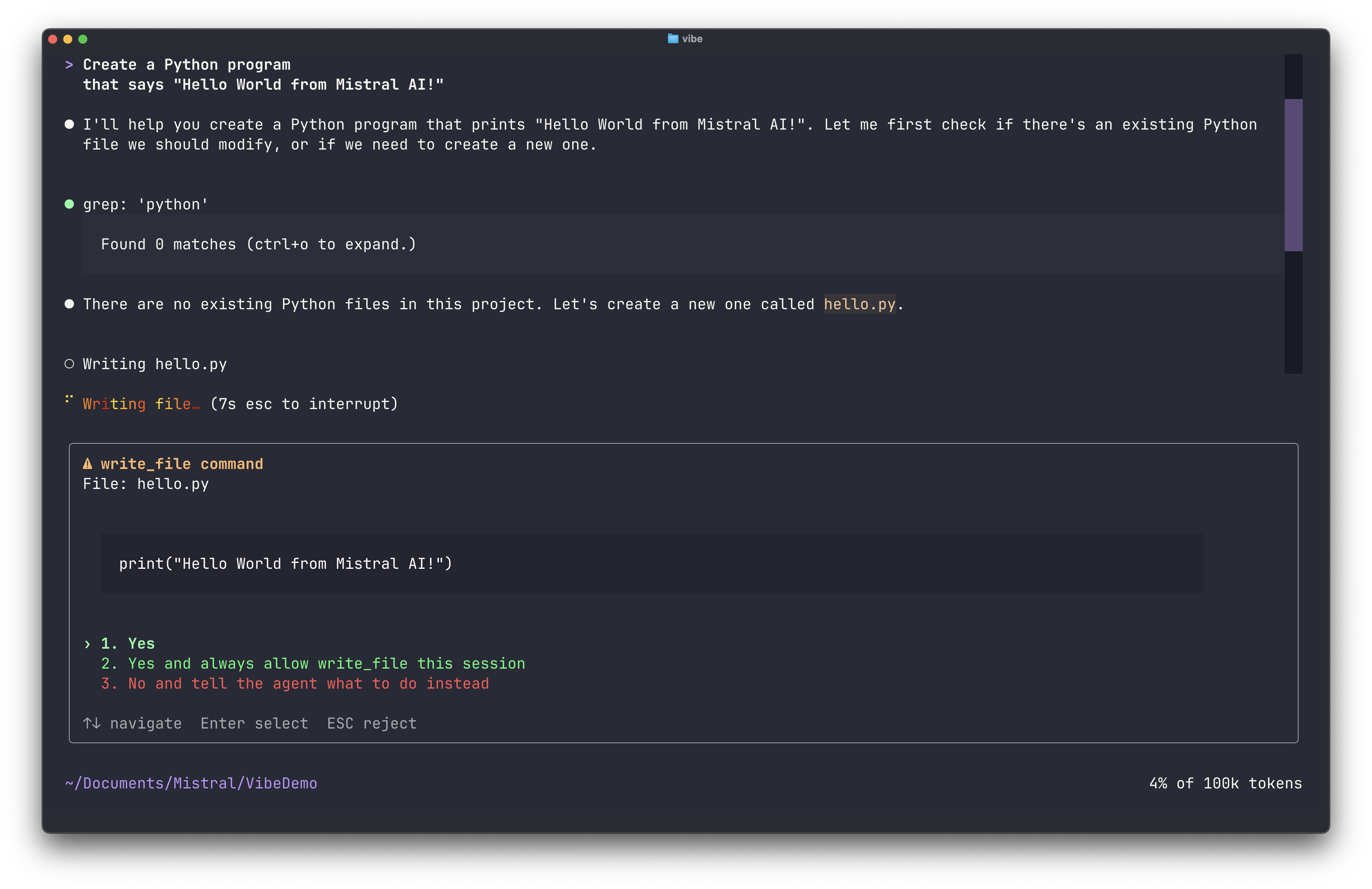 Vibe Code showing a preview of changes and asking for confirmation