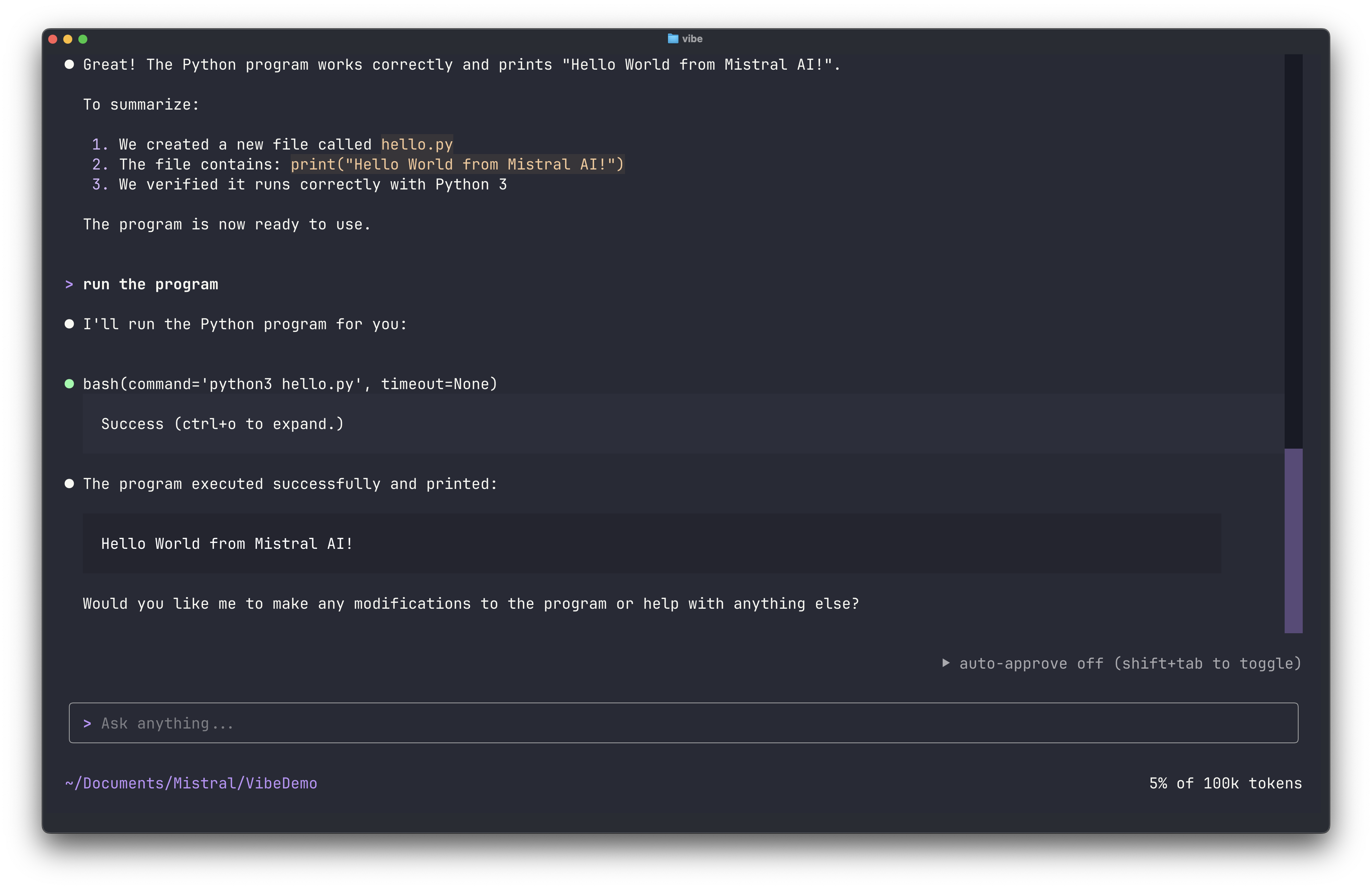 Vibe Code displaying generated output and completed steps