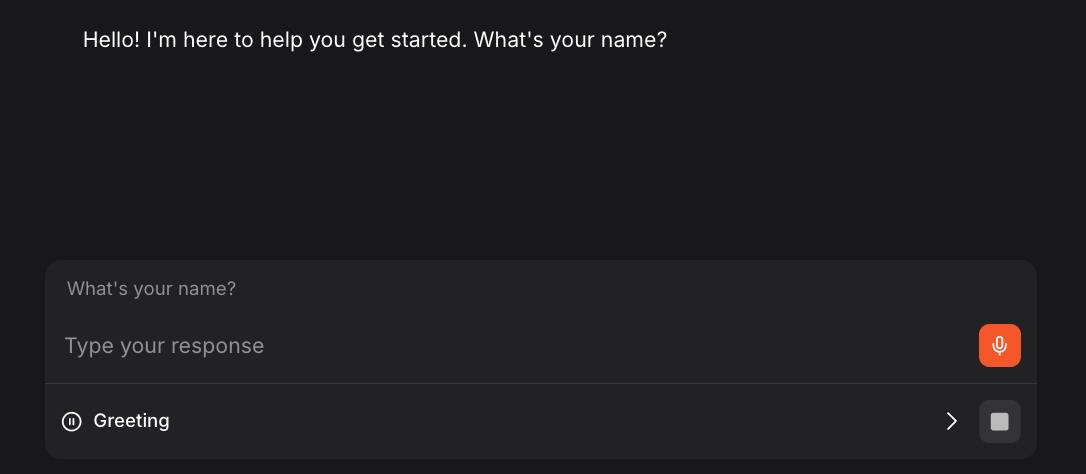 The greeting workflow running in Vibe Work, showing an assistant message asking for the user's name.